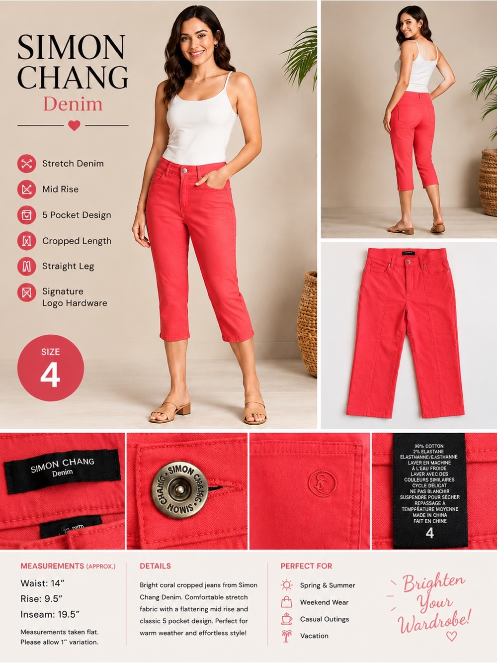 Simon Chang Denim Coral Cropped Straight Leg Jeans Size 4 Stretch Mid Rise Capri